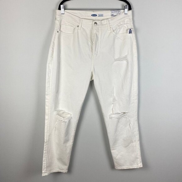 Old Navy Extra High Rise Sky-Hi Straight Jeans Jean Size 14 NWT White Distressed - Picture 1 of 11
